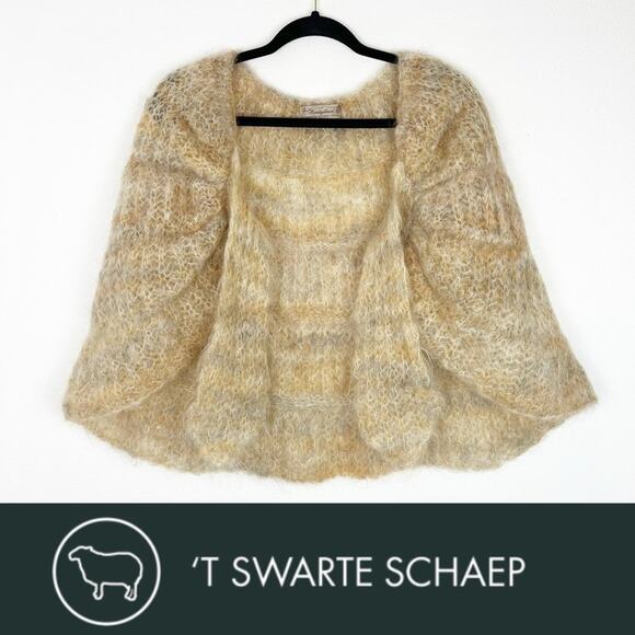 T Swarte Schaep S/M Hand Knitwear Wrap Shawl Cape Heritage Dutch Wool Tan Cream - Picture 2 of 13